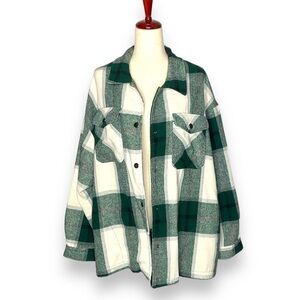 HFX Green & White Plaid Flannel Snap Closure Shacket Jacket